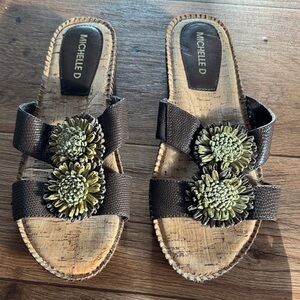 Michelle D Black Sandals with Green Floral Accents